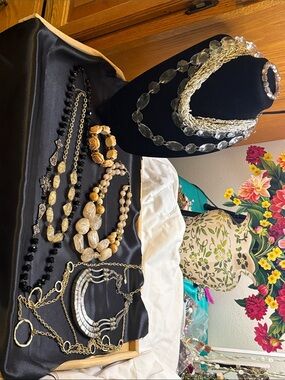 Mixed Costume Jewelry Necklace & Bracelet Set in Black, Cream, Gold